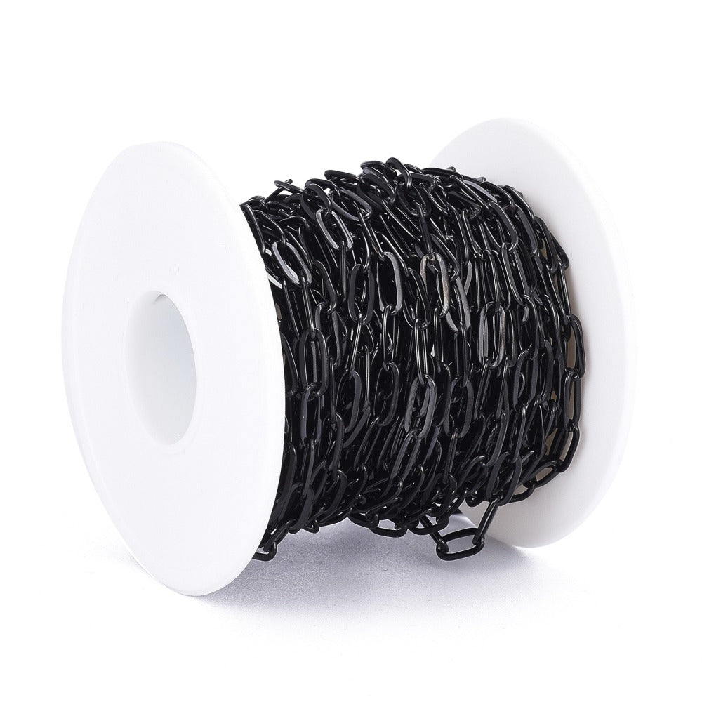 304 Stainless Steel Cable Chains, Paperclip Chains, Drawn Elongated Cable Chains, Soldered, with Spool, Electrophoresis Black SOLD BY THE METER