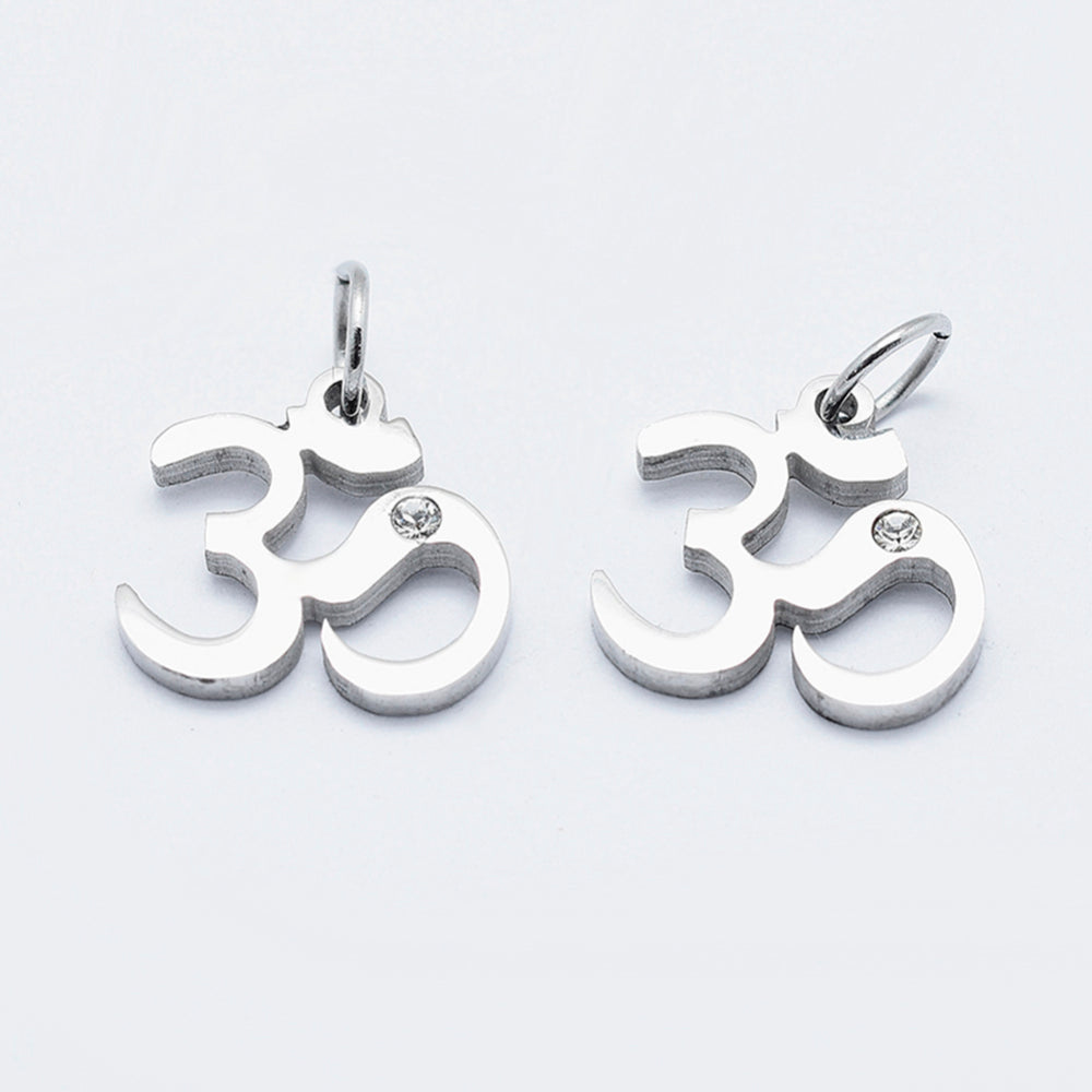 316 Surgical Stainless Steel Micro Pave Cubic Zirconia Charms, Long-Lasting Plated, Stainless Steel Color OM Symbol