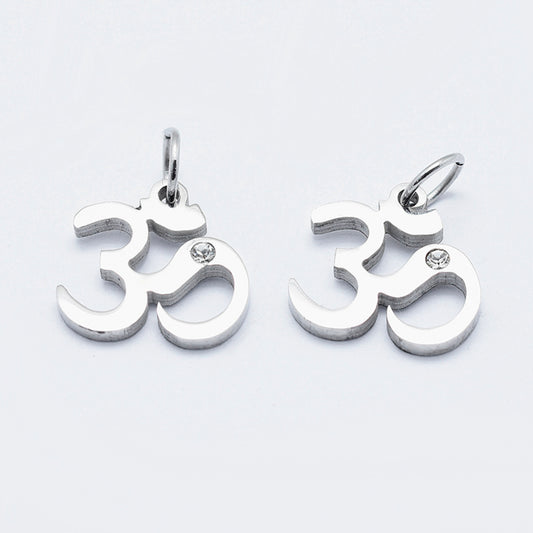 316 Surgical Stainless Steel Micro Pave Cubic Zirconia Charms, Long-Lasting Plated, Stainless Steel Color OM Symbol