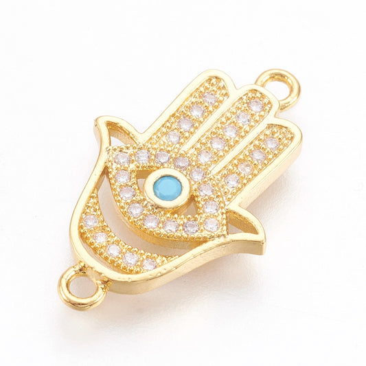 Brass Micro Pave Cubic Zirconia Links, Long-Lasting Plated, Hamsa Hand/Hand of Fatima/Hand of Miriam, Lead Free &; Nickel Free, Cadmium Free, Clear,
