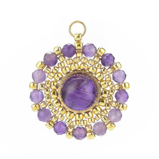 Handmade Japanese Seed Beads Pendants, Braided Natural Amethyst Flower Pendant