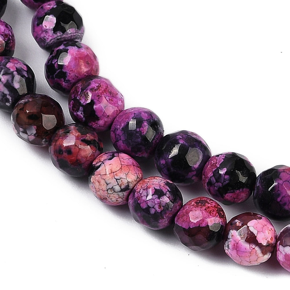 Natural Fire Crackle Agate Beads Strands, Dyed; Heated, Round, Faceted, Pink 6mm