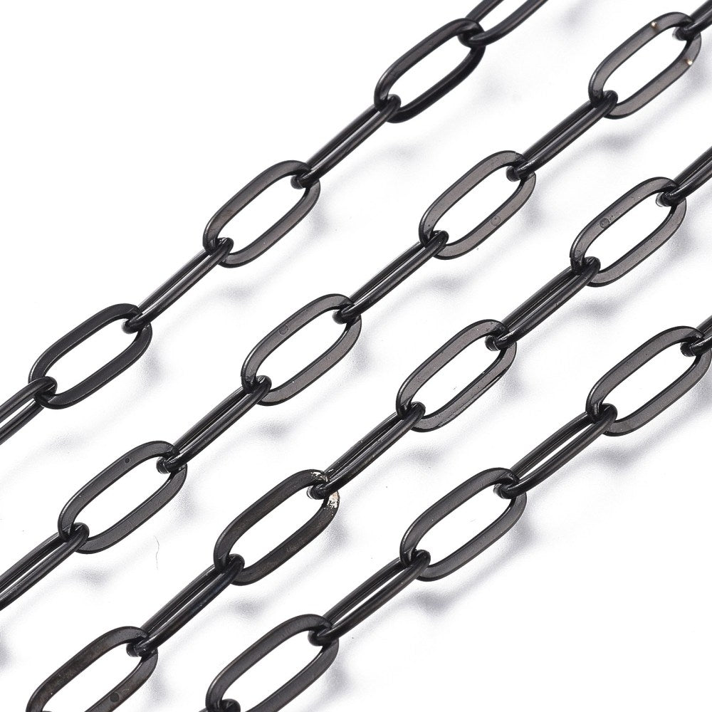 304 Stainless Steel Cable Chains, Paperclip Chains, Drawn Elongated Cable Chains, Soldered, with Spool, Electrophoresis Black SOLD BY THE METER