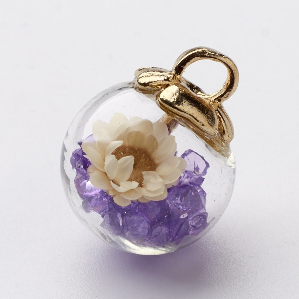 Glass Ball Pendants, with CCB Plastic Findings, Random Dried Flower and Rhinestone, Purple and Blue