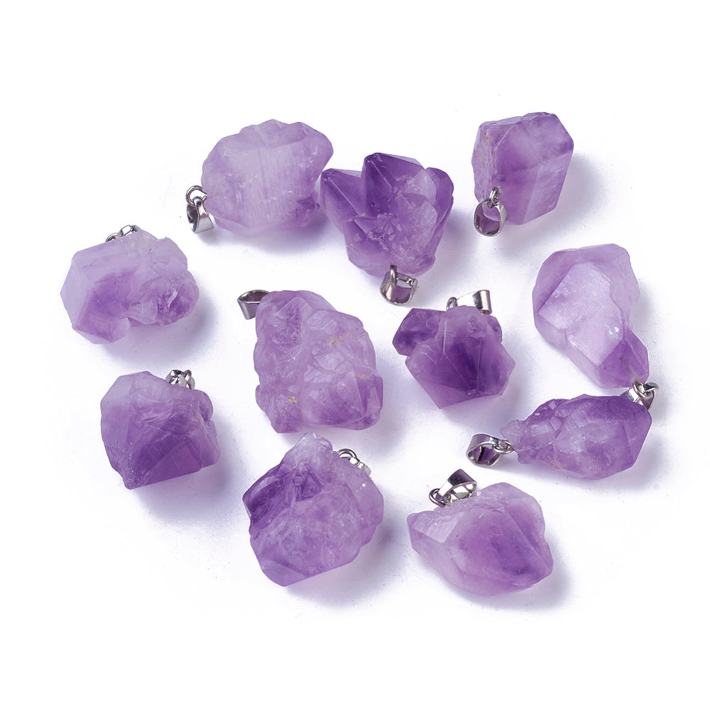 Natural Amethyst Pendants, with Brass Findings, Nuggets, Platinum 2 Pack