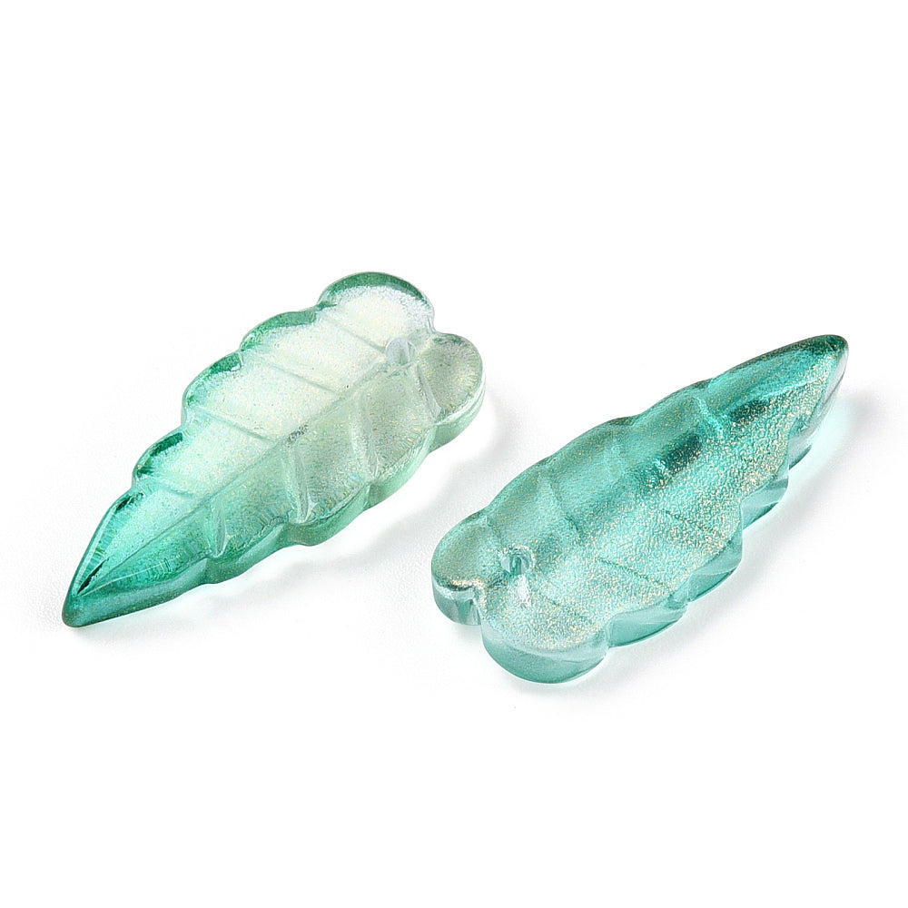 Baking Painted Transparent Glass Petal Pendants, Leaf, Sea Green Bulk 20pieces
