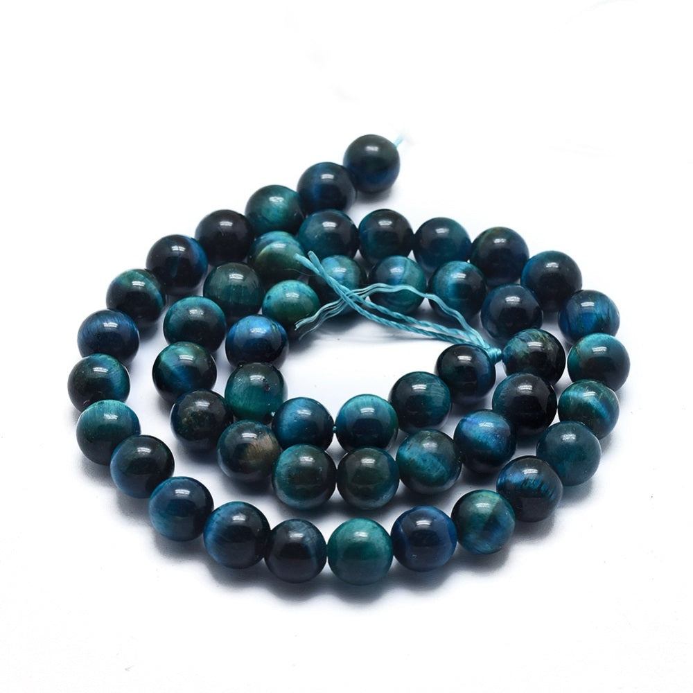Natural Tiger Eye Bead Strands, Dyed & Heated, Round, Teal Asst Sizes