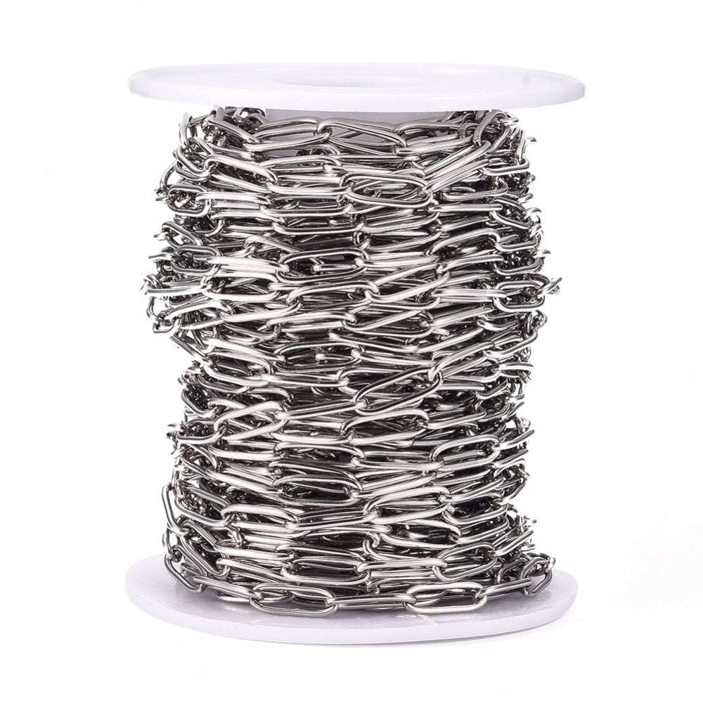 Tarnish Resistant 304 Stainless Steel Paperclip Chains, Drawn Elongated Cable Chains, Soldered, with Spool, Stainless Steel Color 10M ROLL