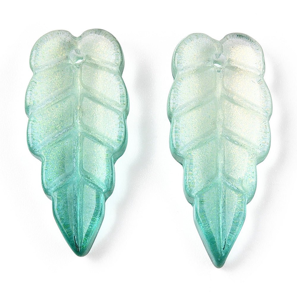 Baking Painted Transparent Glass Petal Pendants, Leaf, Sea Green Bulk 20pieces
