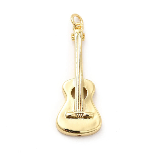 Rack Plating Brass Pendants, Long-Lasting Plated, with Jump Rings, Cadmium Free & Lead Free, Guitar Charm, Real 18K Gold Plated