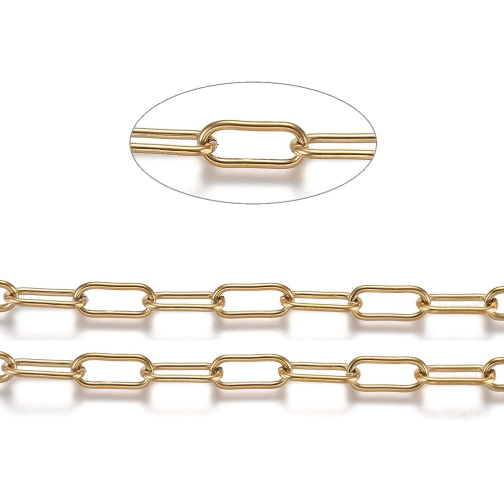 Ion Plating(IP) 304 Stainless Steel Paperclip Chains, Drawn Elongated Cable Chains, with Spool, Unwelded, Golden Sold by the Meter