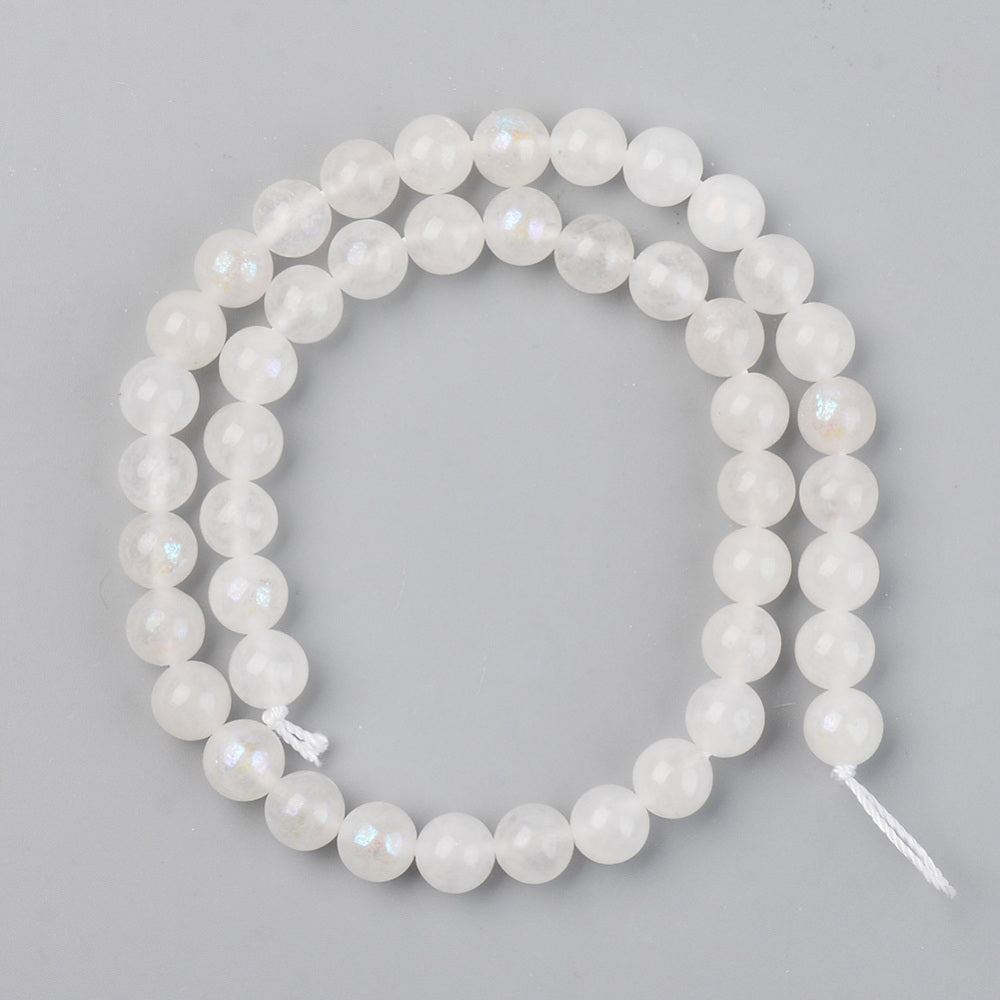 Electroplated Natural White Moonstone Beads Strands, Round 8mm