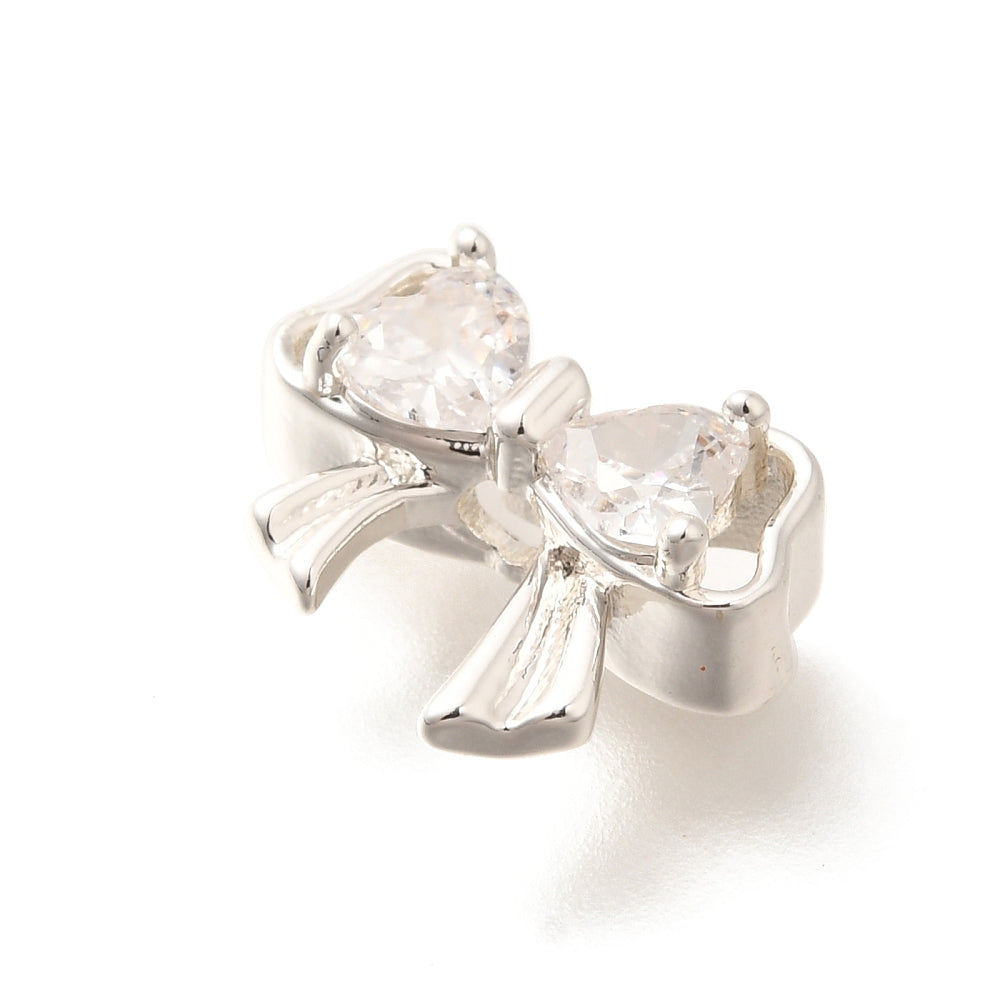 Brass Micro Pave Cubic Zirconia Beads Bowknot 925 Silver Plated, 18k Gold Plated, Platinum Plated
