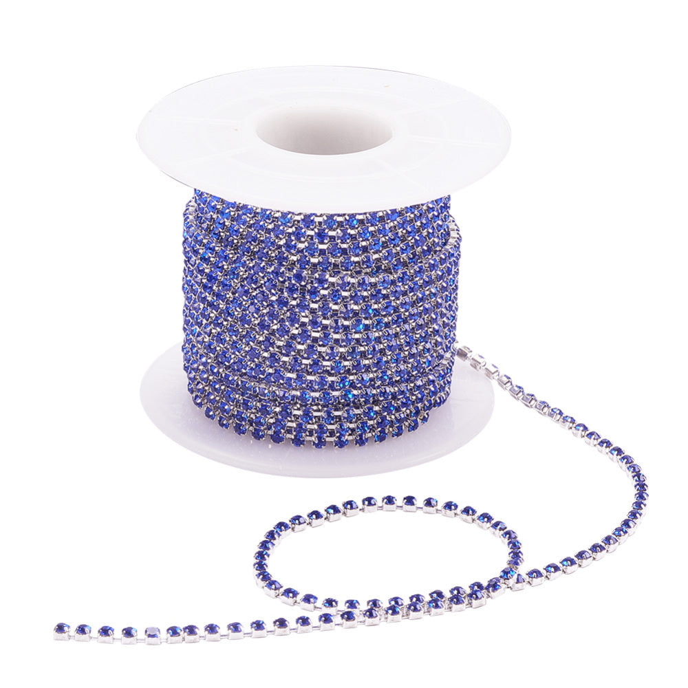 Brass Rhinestone Strass Chain Sapphire Blue Silver Plated | Sold by the Yard | The Pink Bead Shop Canada