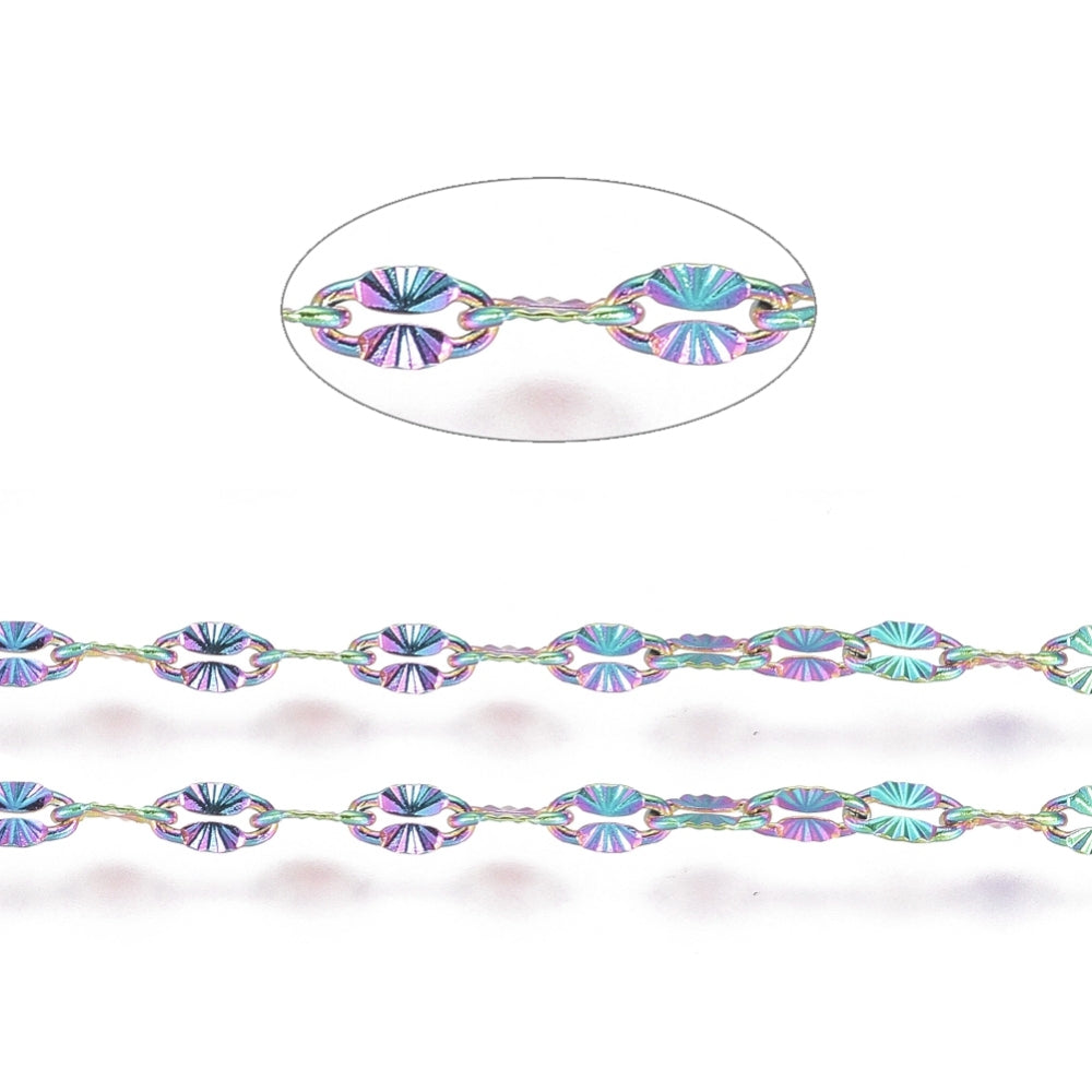Rainbow 304 Stainless Steel Textured Oval Chain – 4–4.5mm Sold by the meter | The Pink Bead Shop Canada