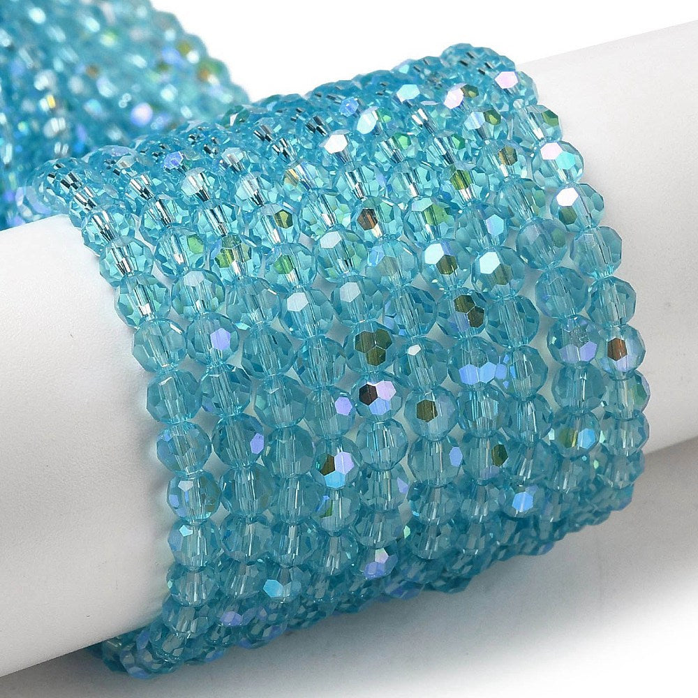 Electroplated Transparent Glass Beads – Medium Blue, 4mm (Rainbow Plated) The Pink Bead Shop