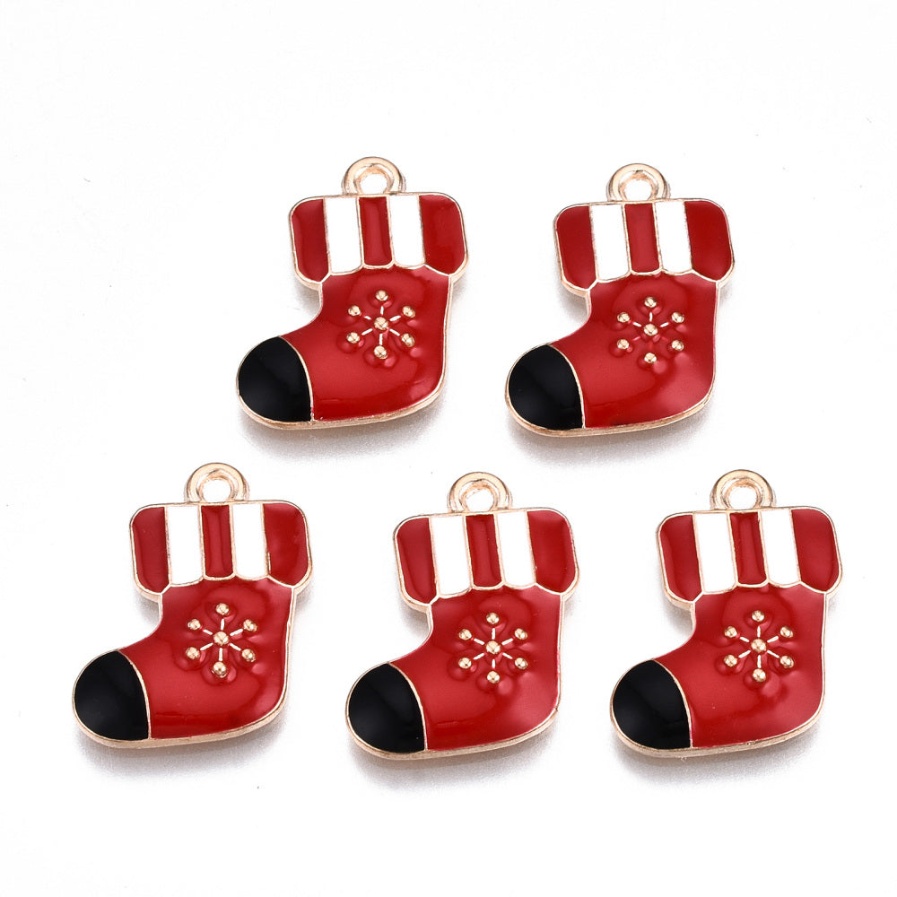 Alloy Enamel Christmas Stock Pendants – Red & Gold, 19×15.5×2.5mm, Hole: 1.6mm 5 Pack | The Pink Bead Shop