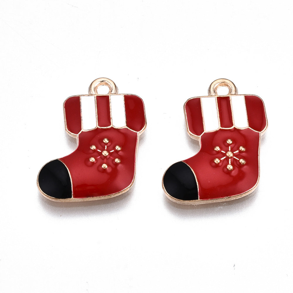 Alloy Enamel Christmas Stock Pendants – Red & Gold, 19×15.5×2.5mm, Hole: 1.6mm 5 Pack | The Pink Bead Shop
