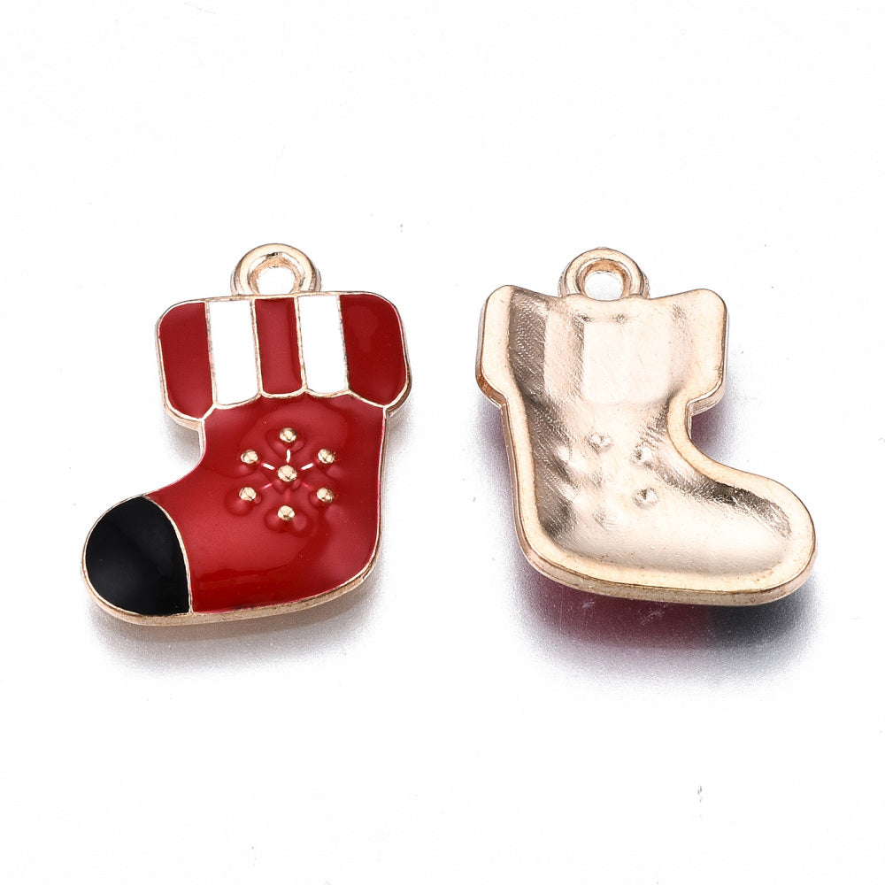 Alloy Enamel Christmas Stock Pendants – Red & Gold, 19×15.5×2.5mm, Hole: 1.6mm 5 Pack | The Pink Bead Shop