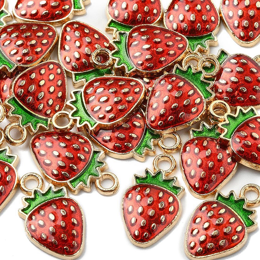 Light Gold-Plated Strawberry Enamel Pendants – 5 Pack | The Pink Bead Shop Canada