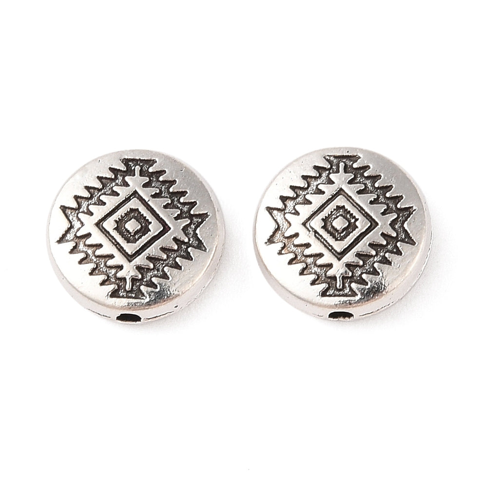 Tibetan Style Flat Round Beads – Antique Silver Alloy, 12×4.1mm, 1.6mm Hole 6 Pack The Pink Bead Shop