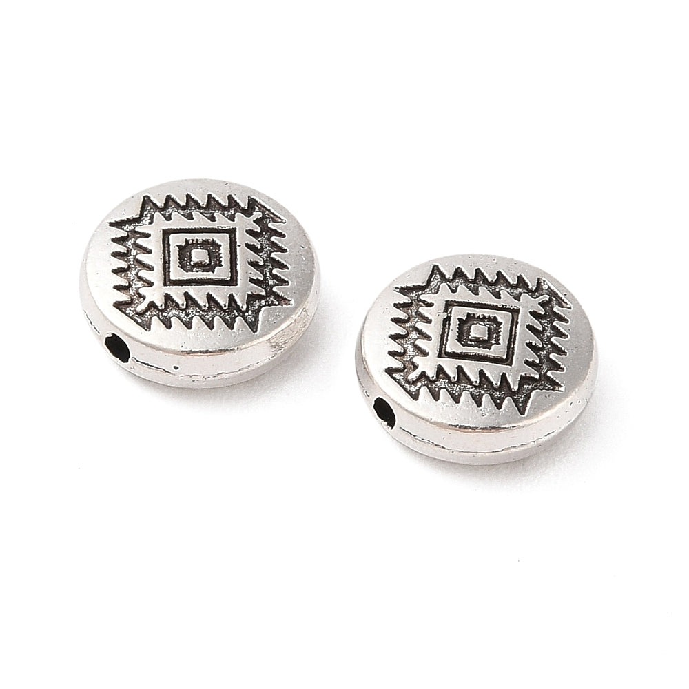 Tibetan Style Flat Round Beads – Antique Silver Alloy, 12×4.1mm, 1.6mm Hole 6 Pack The Pink Bead Shop