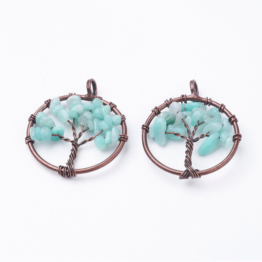 Assorted Tree of Life Gemstone Chip Pendants – Flat Round Copper Wrapped The Pink Bead Shop