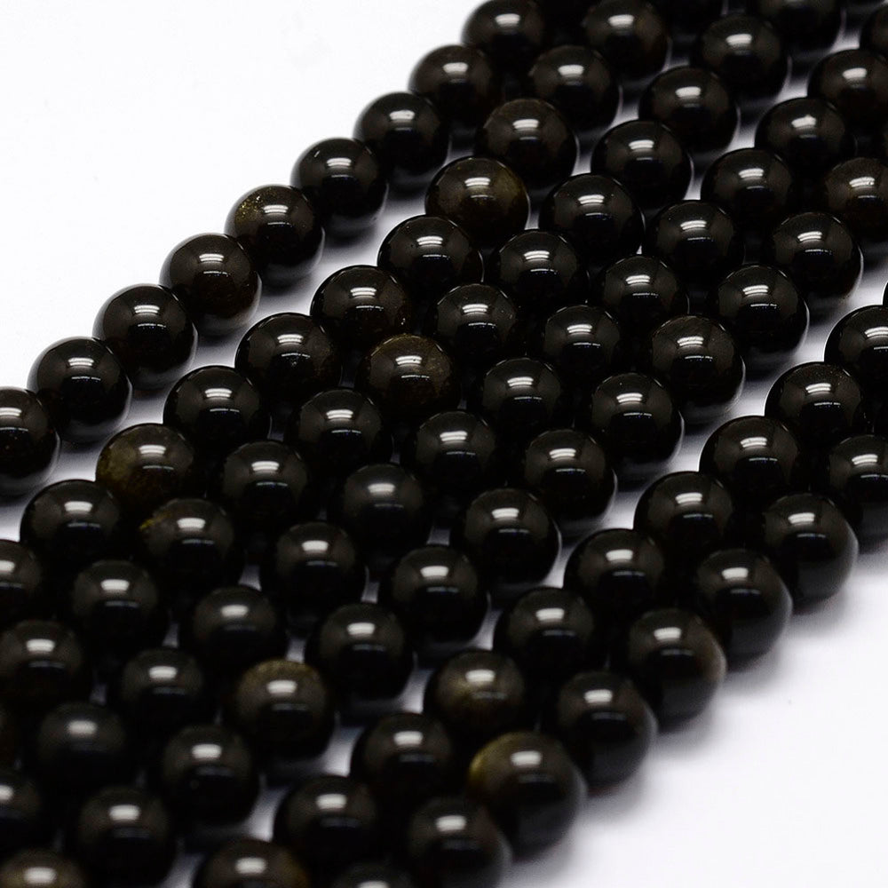 Natural Golden Sheen Obsidian Round Gemstone Bead Strands | 4mm 6mm 8mm | The Pink Bead Shop Canada