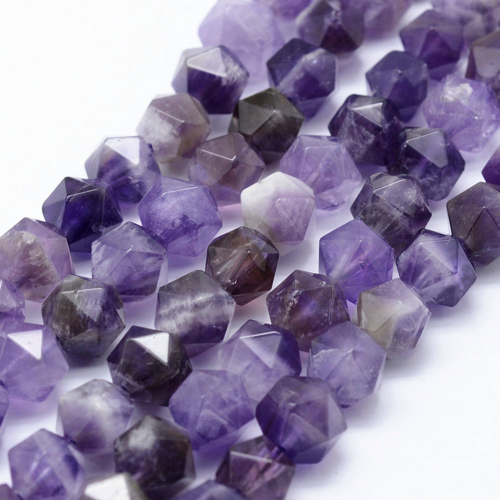 Natural Chevron Amethyst Beads Strands – Star Cut, Faceted, 8–8.5mm, Hole: 1mm, Approx. 48–50pcs/Strand, 14.9–15.1” The Pink Bead Shop