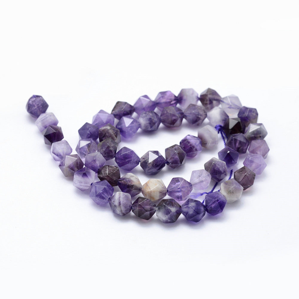 Natural Chevron Amethyst Beads Strands – Star Cut, Faceted, 8–8.5mm, Hole: 1mm, Approx. 48–50pcs/Strand, 14.9–15.1” The Pink Bead Shop