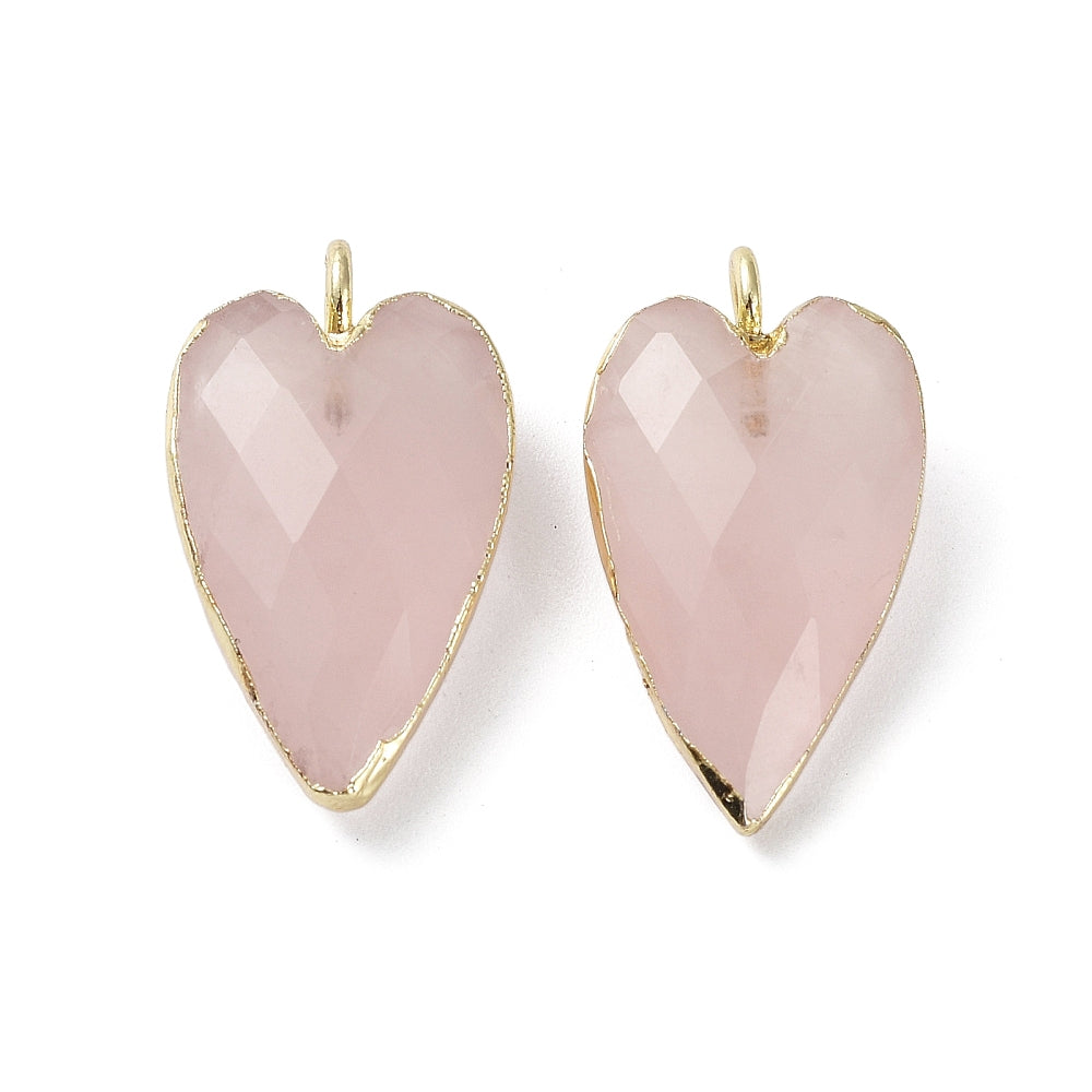 Rose Quartz Pendants, Faceted Heart Charms, with Golden Plated Brass Edge Loops