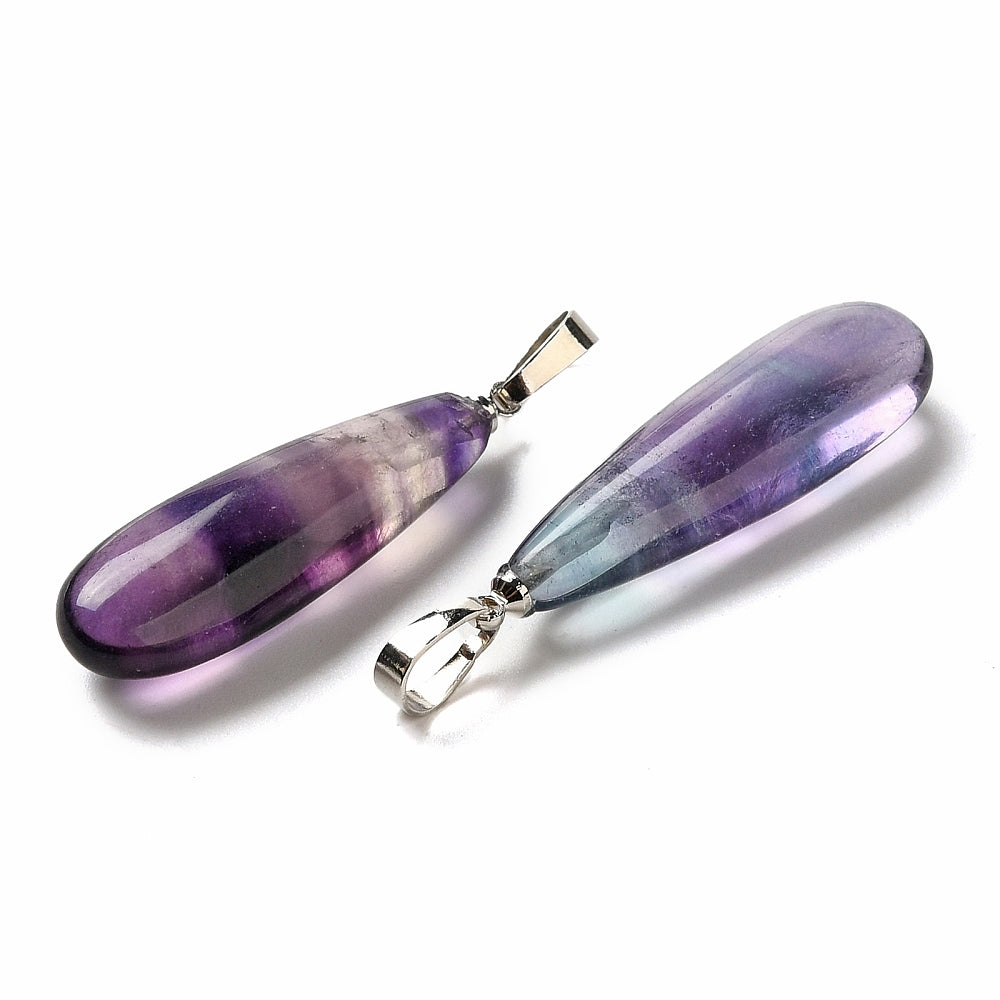 Fluorite Pendants, Teardrop Charms with Rack Plating Platinum Tone Brass Snap on Bails