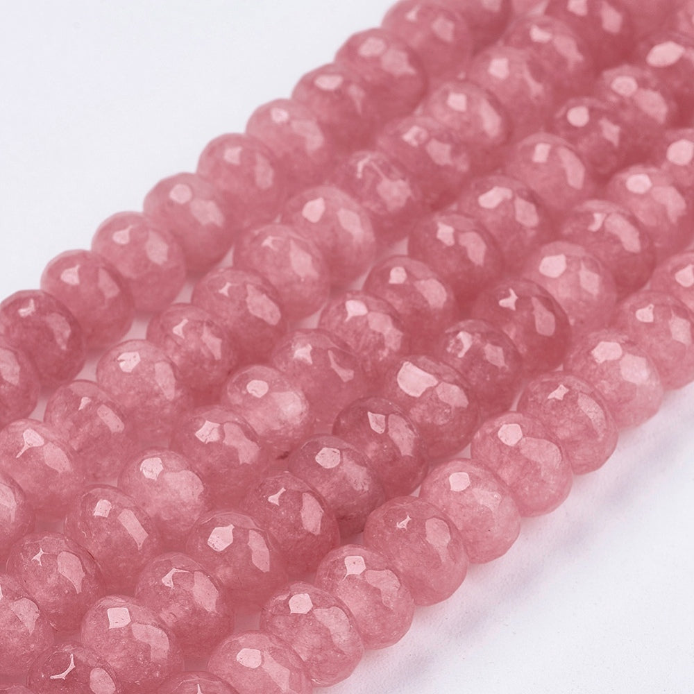 Natural Jade Beads Strands – Dyed, Faceted, Rondelle, Salmon, 8×5–6mm, Hole: 1mm, Approx. 63–68pcs/Strand, 14.17–14.76” The Pink Bead Shop