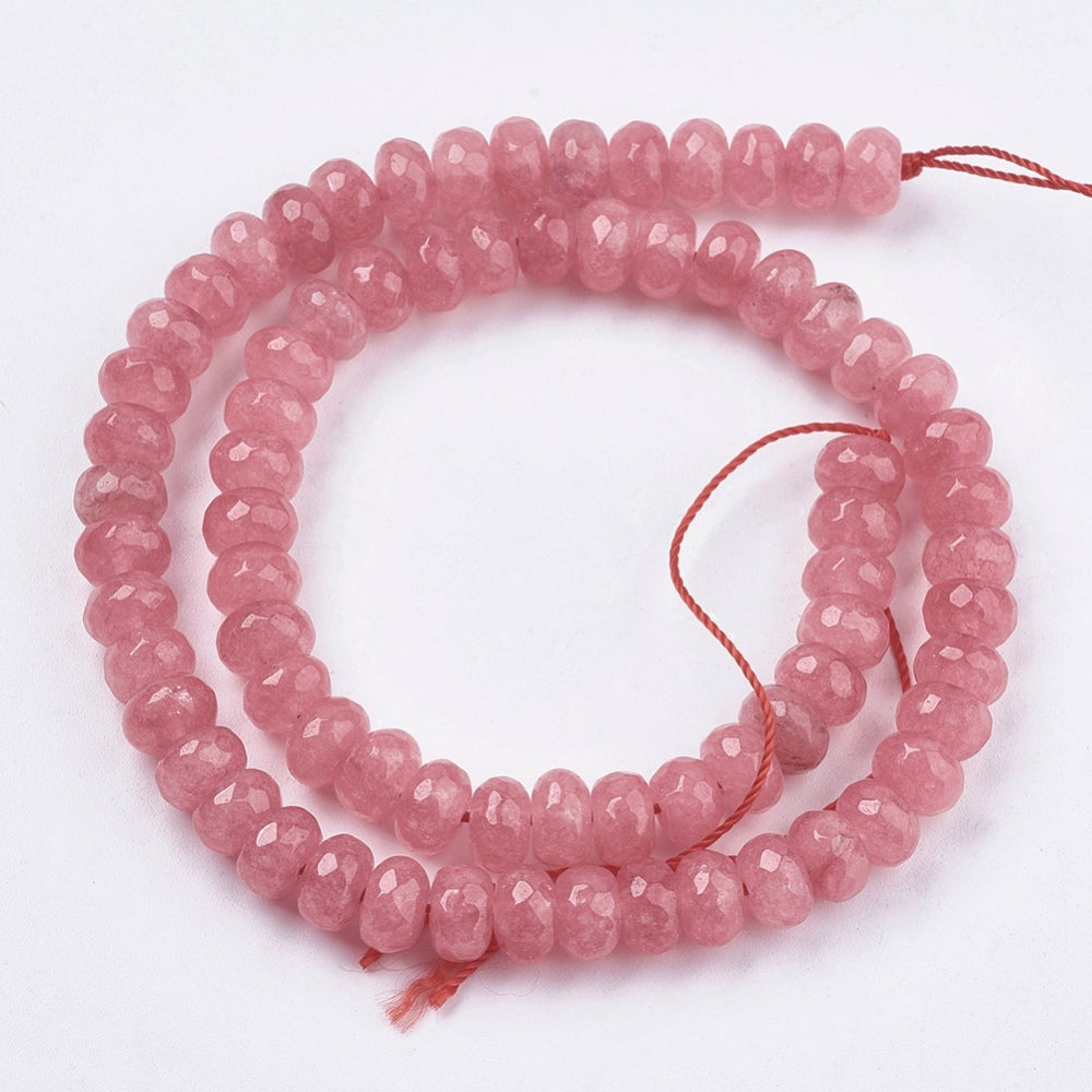 Natural Jade Beads Strands – Dyed, Faceted, Rondelle, Salmon, 8×5–6mm, Hole: 1mm, Approx. 63–68pcs/Strand, 14.17–14.76” The Pink Bead Shop