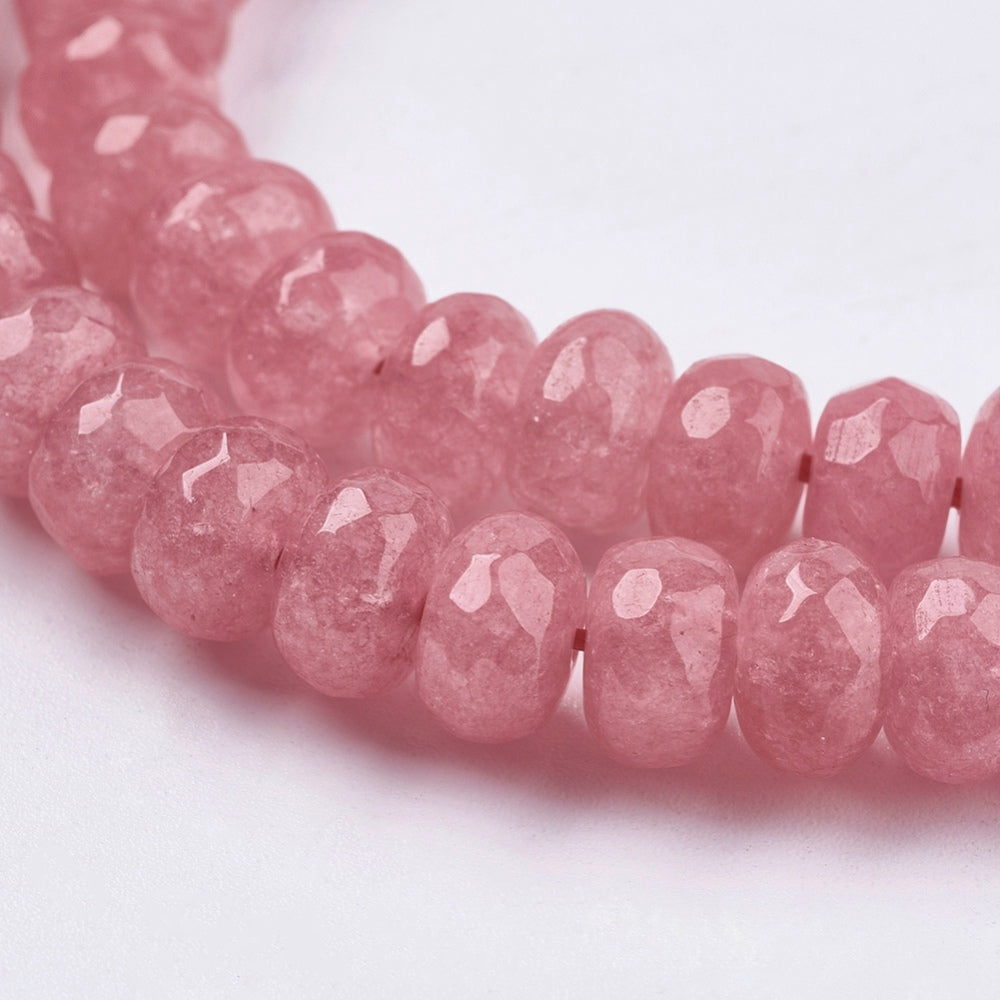 Natural Jade Beads Strands – Dyed, Faceted, Rondelle, Salmon, 8×5–6mm, Hole: 1mm, Approx. 63–68pcs/Strand, 14.17–14.76” The Pink Bead Shop