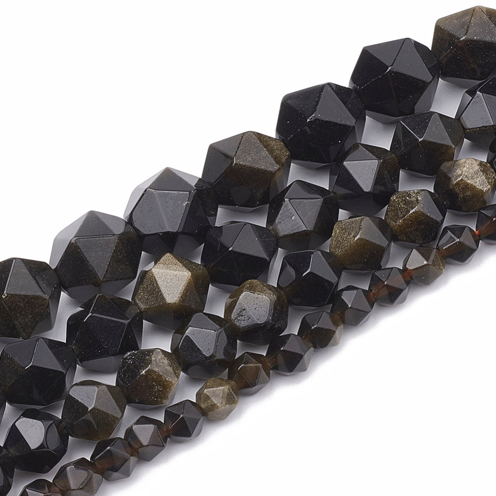 Natural Golden Sheen Obsidian Beads Strands – Star Cut, Faceted, Black with Gold Flash, 8–10×7–8mm, Hole: 1mm, Approx. 45–48pcs/Strand, 14.2–14.6” The Pink Bead Shop