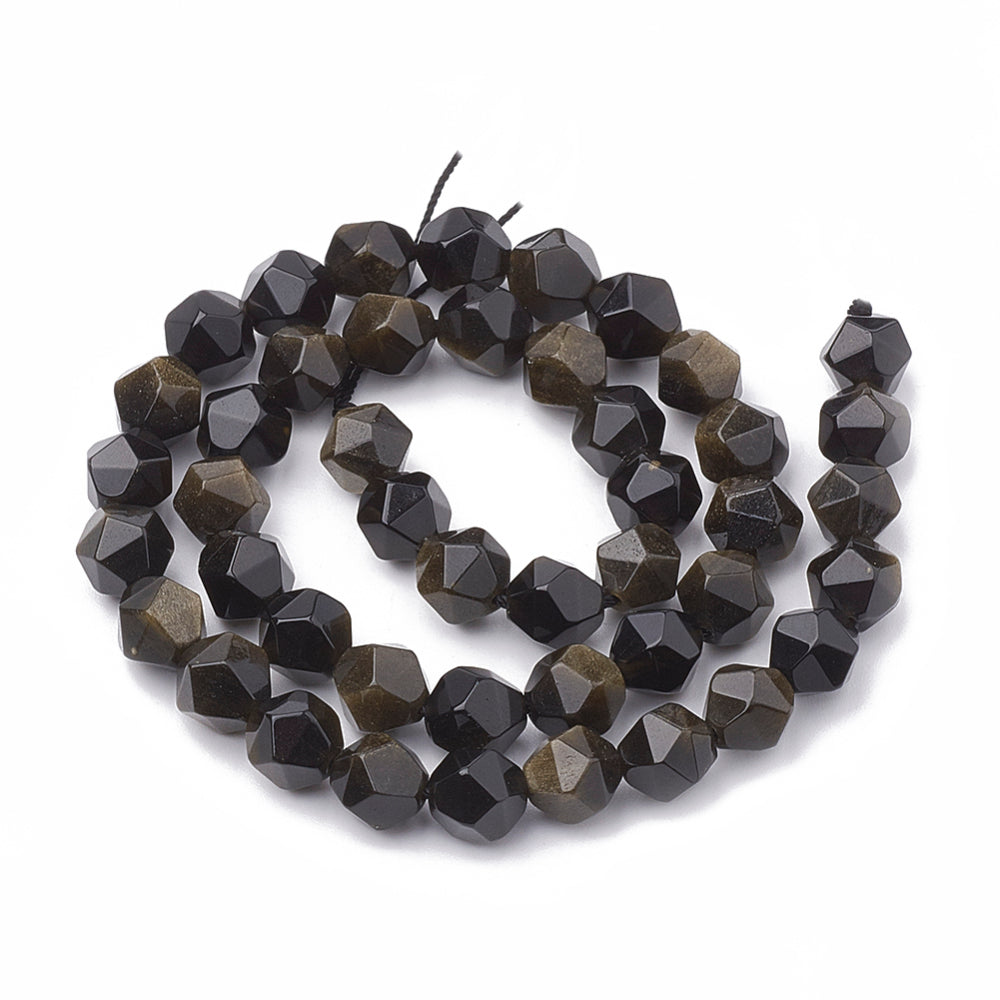Natural Golden Sheen Obsidian Beads Strands – Star Cut, Faceted, Black with Gold Flash, 8–10×7–8mm, Hole: 1mm, Approx. 45–48pcs/Strand, 14.2–14.6” The Pink Bead Shop