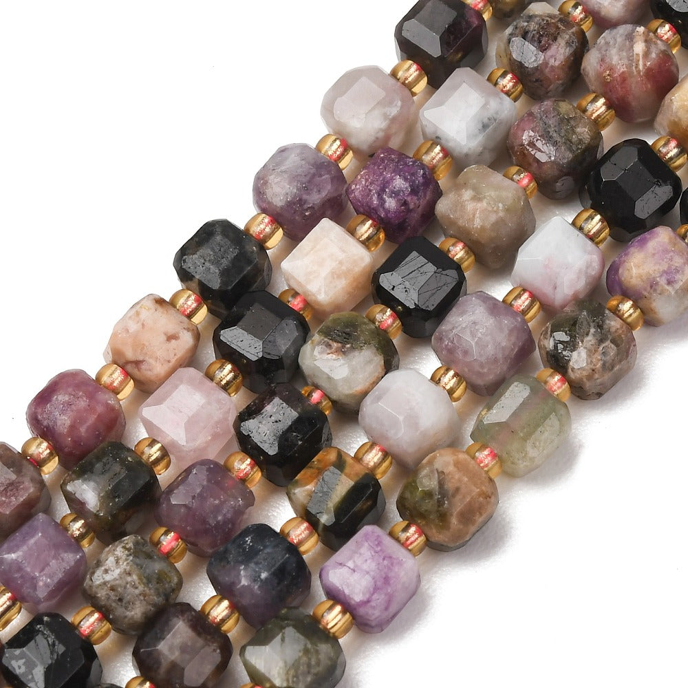 Multi color Tourmaline Faceted Cube Beads with Seed Bead Accents – 6–7.5mm | The Pink Bead Shop Canada