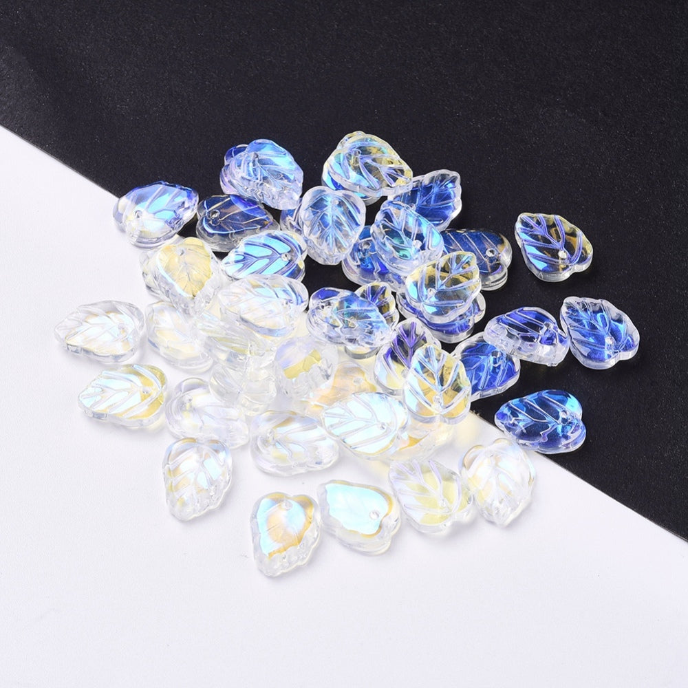 AB Glass Leaf Charms – Transparent Electroplated – Approx. 13.5mm Bulk The Pink Bead Shop