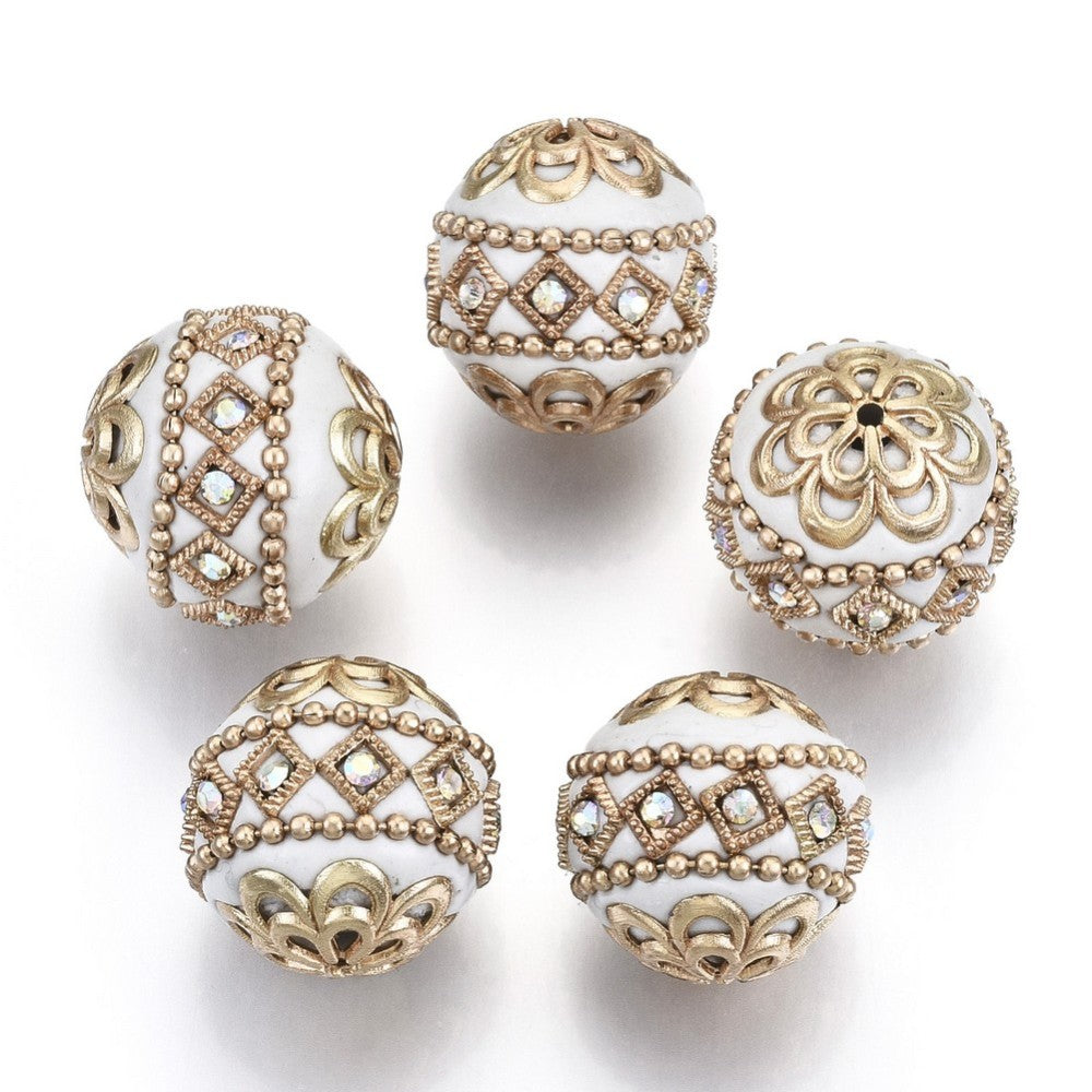Handmade Indonesian Bead with Metal Findings – Light Gold & White 19.5mm | The Pink Bead Shop Canada