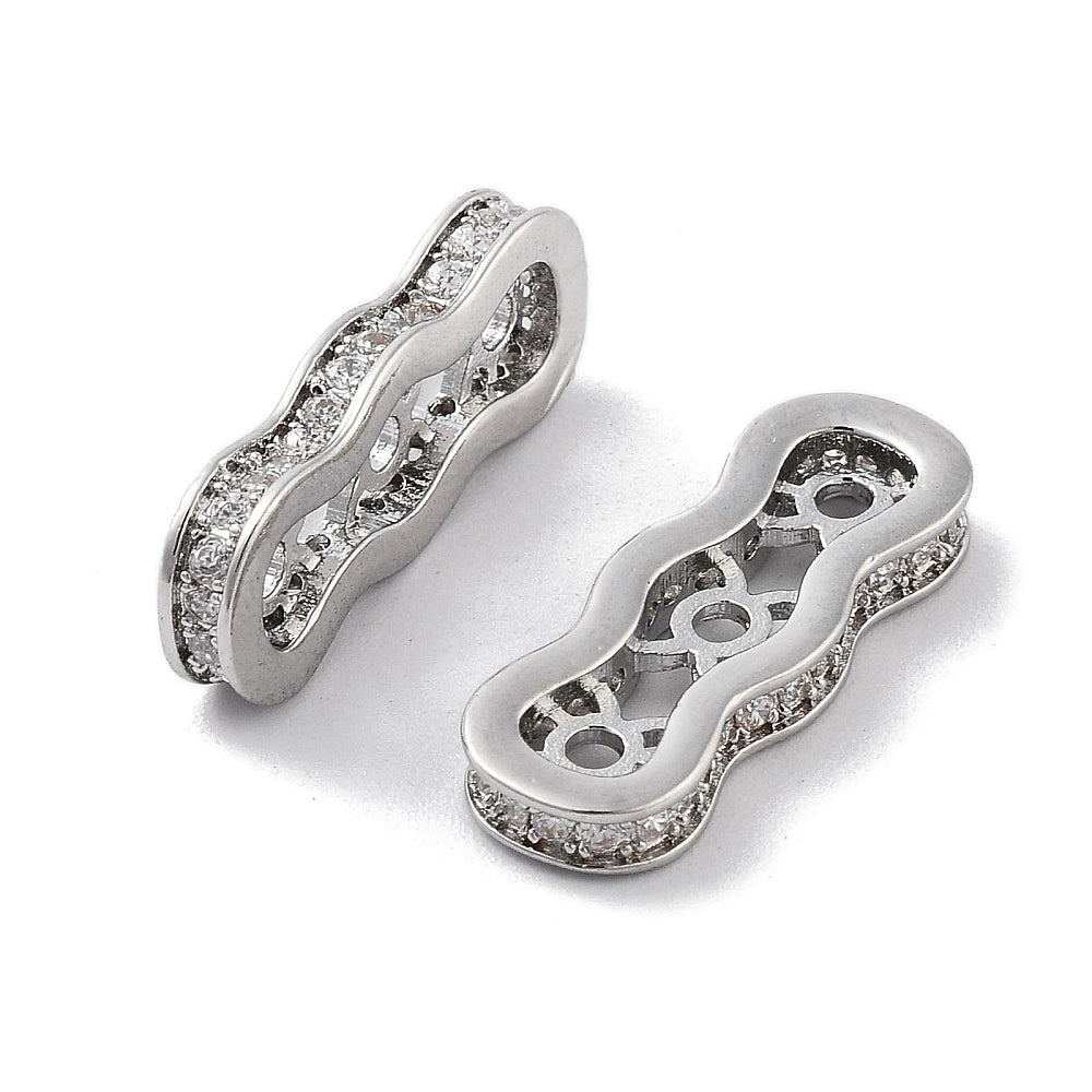 Micro Pave CZ Wavy Oval Multi-Strand Spacer Bar | 3 Hole | Platinum Plated The Pink Bead Shop