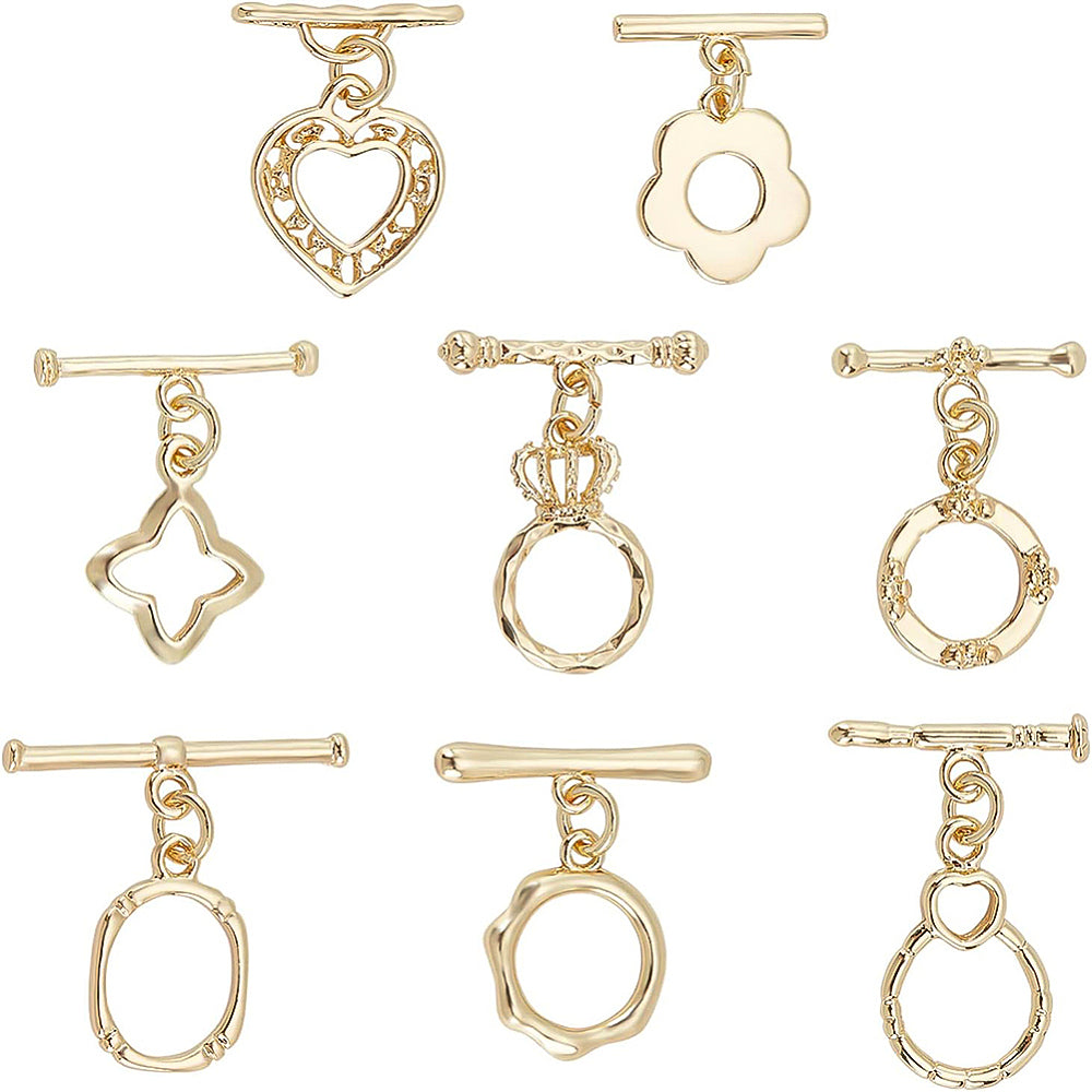 16 Sets Toggle Clasps – 16K Gold Plated Brass, Assorted Shapes (Heart, Crown, Oval, Flower, Star, Bottle & More) for Necklace & Bracelet Jewelry Making The Pink Bead Shop