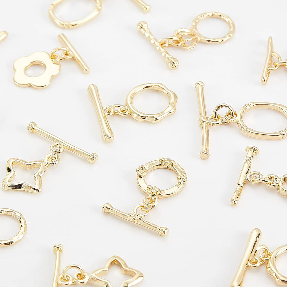 16 Sets Toggle Clasps – 16K Gold Plated Brass, Assorted Shapes (Heart, Crown, Oval, Flower, Star, Bottle & More) for Necklace & Bracelet Jewelry Making The Pink Bead Shop