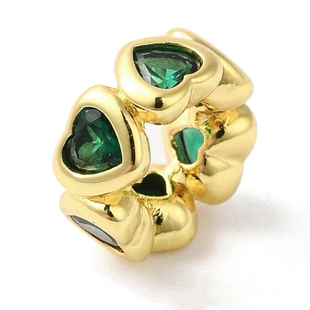 18K Gold Plated Heart CZ Beads – Green Cubic Zirconia Large Hole | The Pink Bead Shop Canada