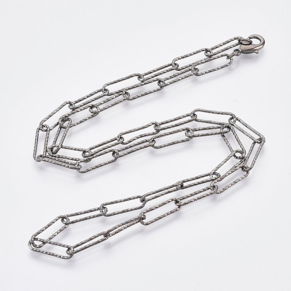 Gunmetal Textured Paperclip Chain Necklace – Brass with Lobster Claw Clasp, 19.68 inch (50cm) The Pink Bead Shop