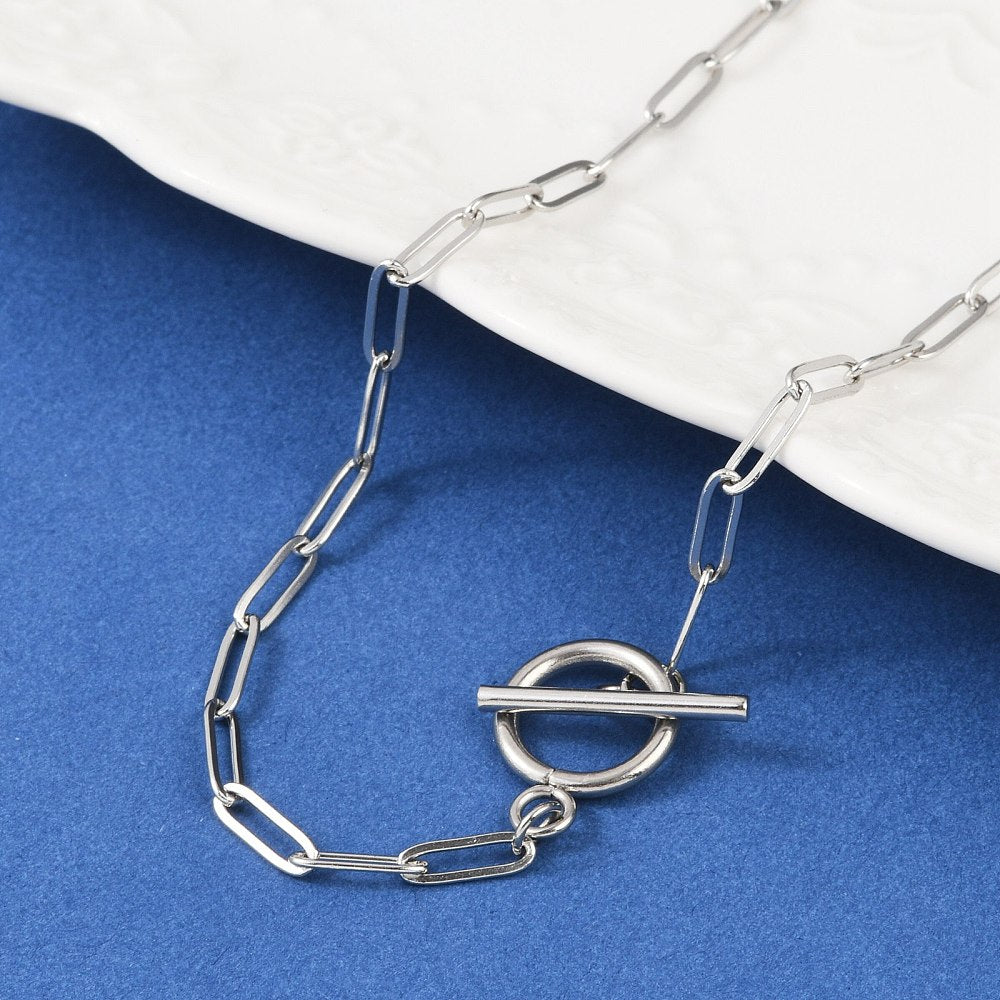 Stainless Steel Paperclip Chain Necklace – Unisex, Toggle Clasp, 17.71 inch (45cm) The Pink Bead Shop