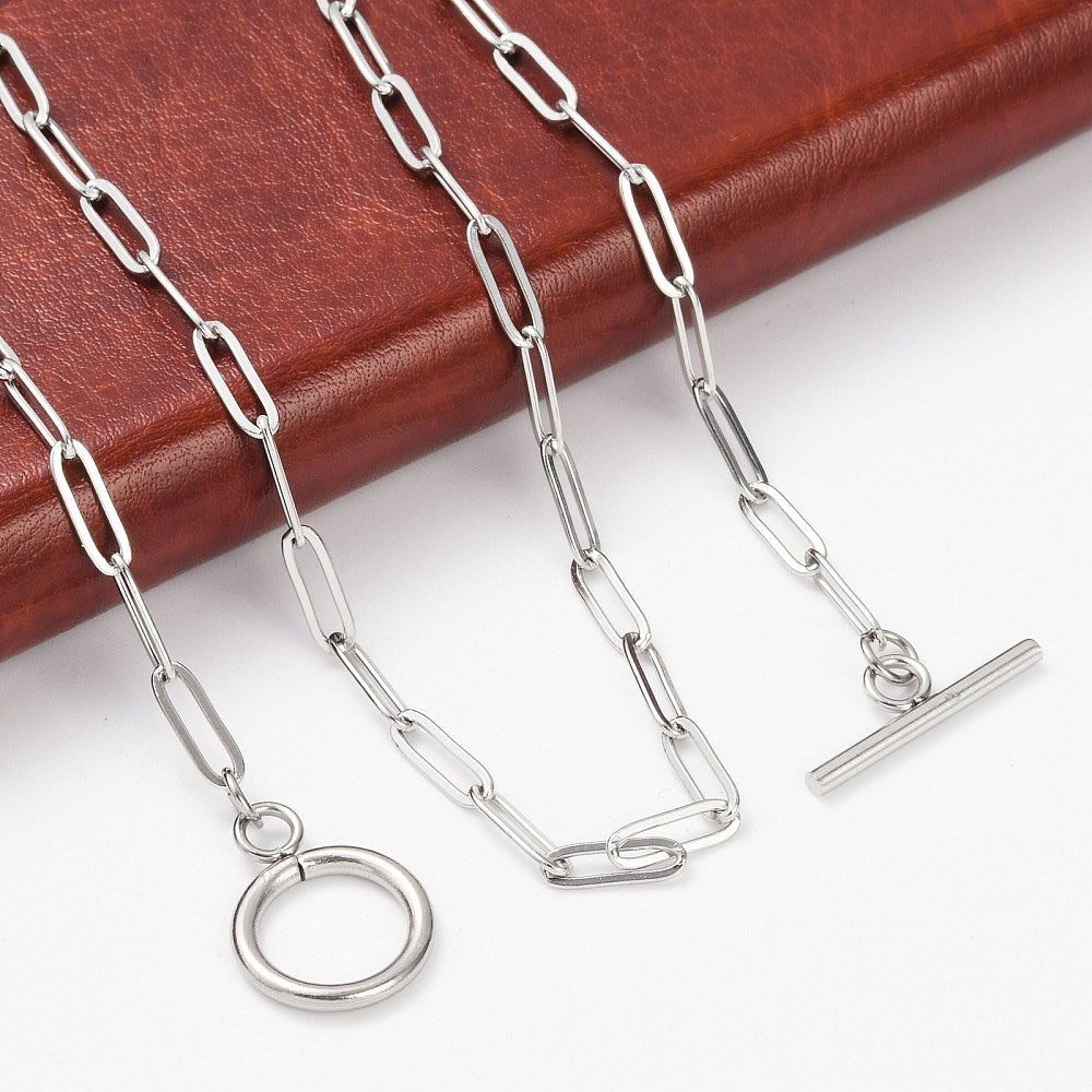 Stainless Steel Paperclip Chain Necklace – Unisex, Toggle Clasp, 17.71 inch (45cm) The Pink Bead Shop