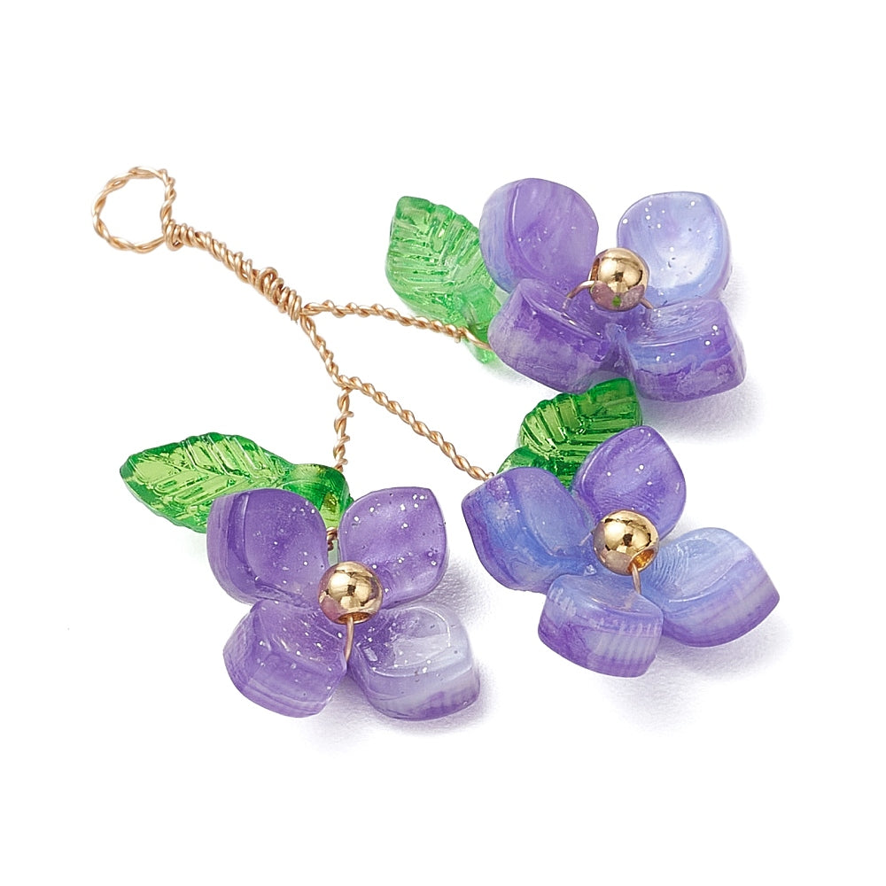 Mixed Color Glass Flower Drop Pendants – Pearlized Floral Charms with Leaves The Pink Bead Shop
