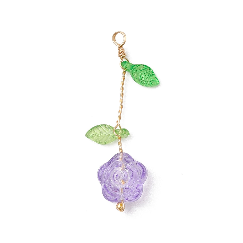 Transparent Glass Flower Pendants with Leaves sets of 9 – Gold Wire Wrapped The Pink Bead Shop