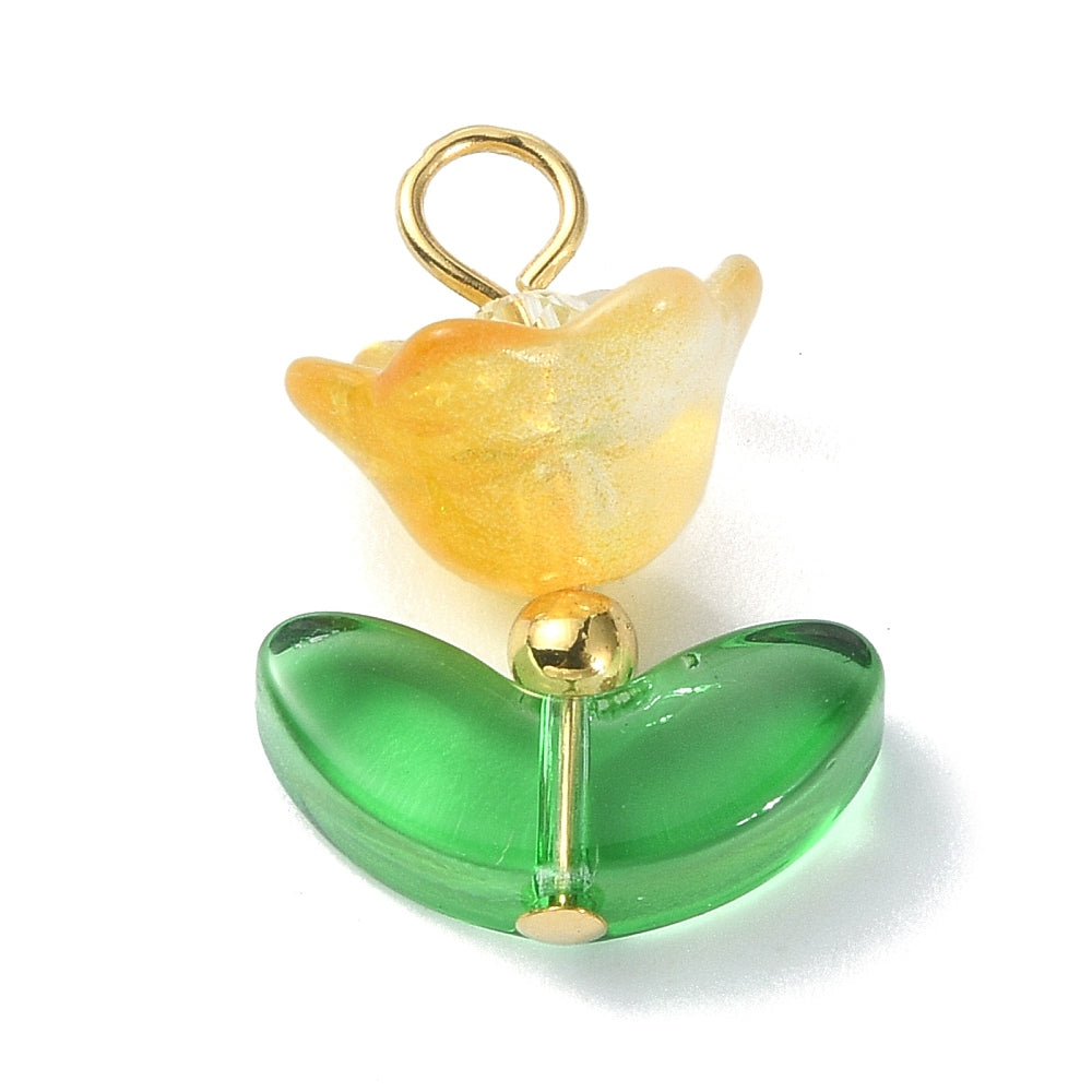 Glass Flower Charms with Leaf 5 Piece | Mixed Color Floral Pendants | The Pink Bead Shop Canada